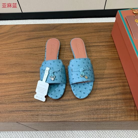 Loro Piana Ostrich Embossed Leather Flat Slide Sandals