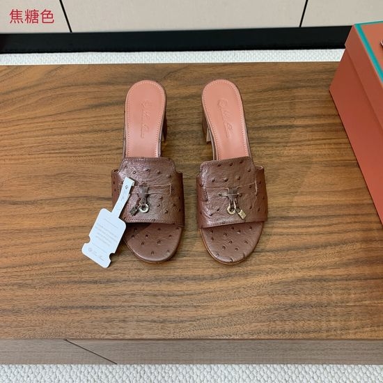 Loro Piana Ostrich Print Leather Mid-heel Slides Premium Sole Footwear