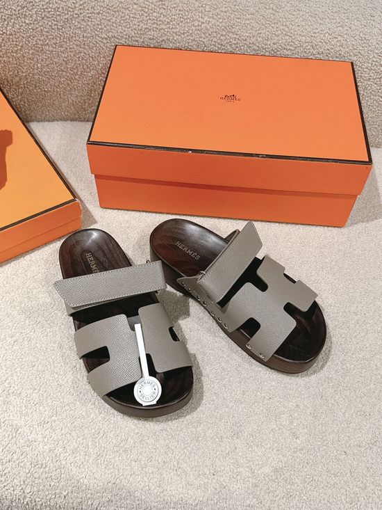 Hermes Wood Sole Open Toe Sandals Adjustable Straps Casual Comfortable