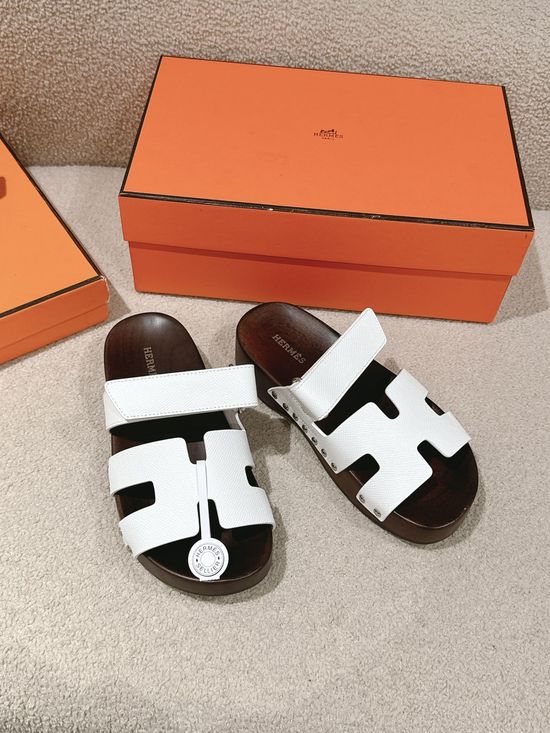 Hermes Wood Sole Open Toe Sandals Adjustable Straps Casual Comfortable