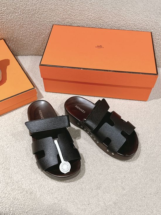 Hermes Wood Sole Open Toe Sandals Adjustable Straps Casual Comfortable