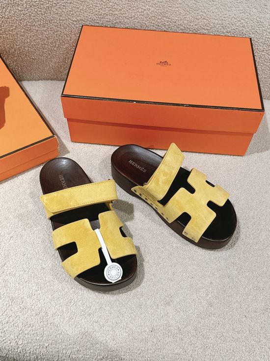 Hermes Wood Sole Open Toe Sandals Adjustable Straps Casual Comfortable