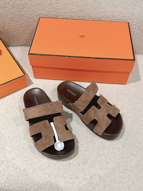 Hermes Wood Sole Open Toe Sandals Adjustable Straps Casual Comfortable