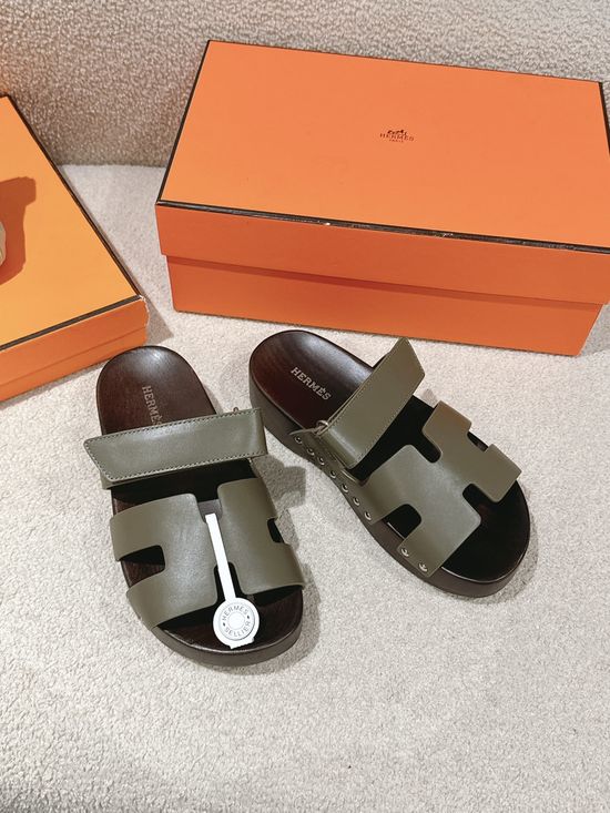 Hermes Wood Sole Open Toe Sandals Adjustable Straps Casual Comfortable
