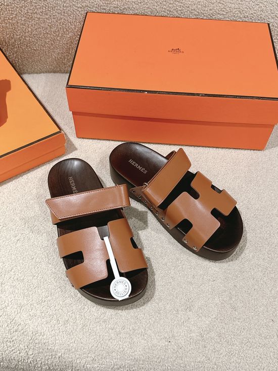 Hermes Wood Sole Open Toe Sandals Adjustable Straps Casual Comfortable
