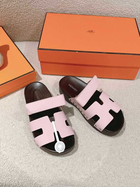 Hermes Wood Sole Open Toe Sandals Adjustable Straps Casual Comfortable