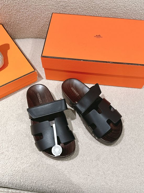 Hermes Wood Sole Open Toe Sandals Adjustable Straps Casual Comfortable