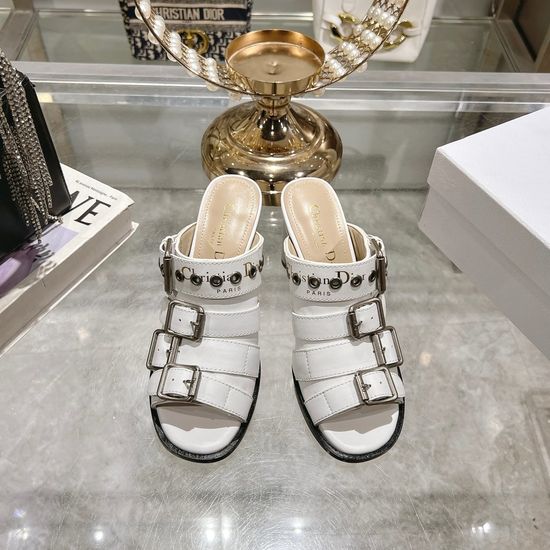 Christian Dior Color Block Chunky Heel Peep Toe Slide Sandals with Buckle