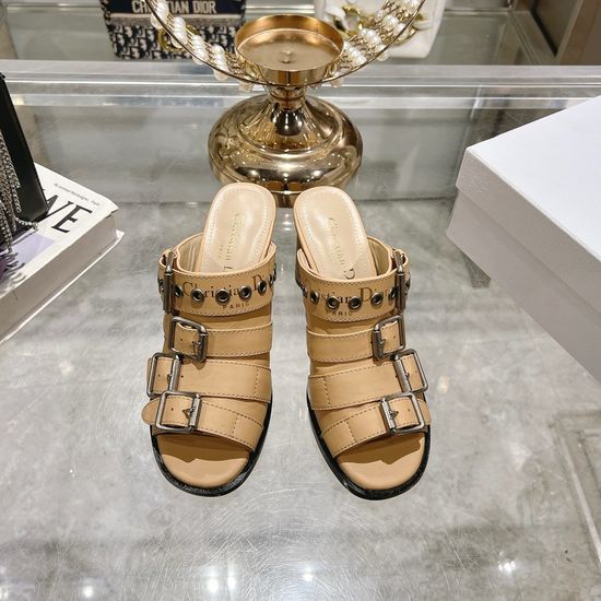 Christian Dior Color Block Chunky Heel Peep Toe Slide Sandals with Buckle