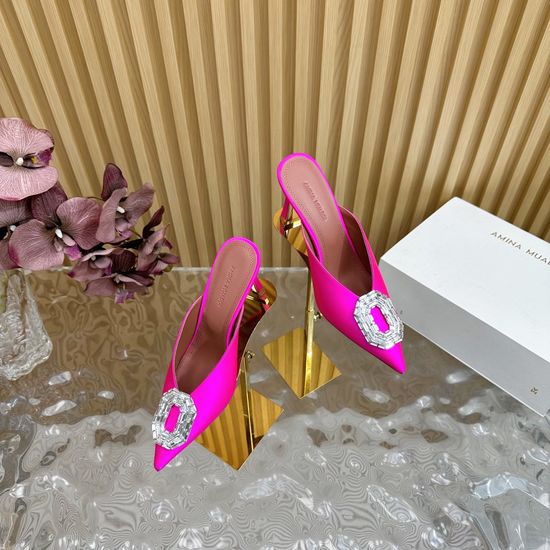 Amina Muaddi Satin Upper Comfortable Block Heel Shoes