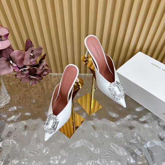 Amina Muaddi Satin Upper Comfortable Block Heel Shoes