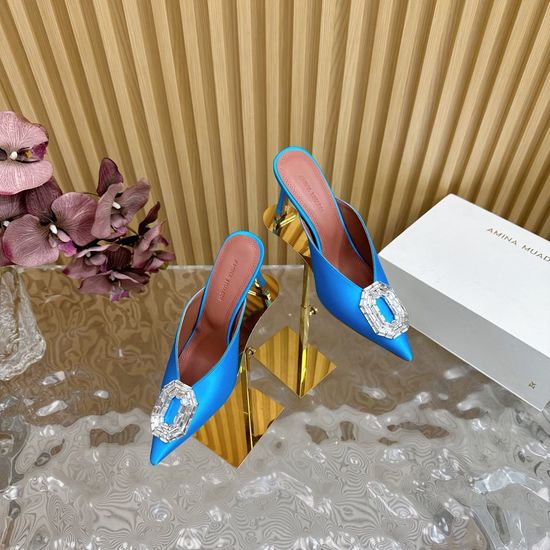 Amina Muaddi Satin Upper Comfortable Block Heel Shoes