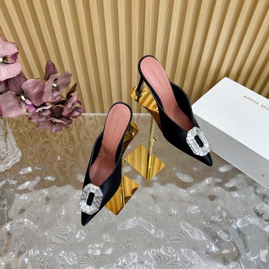 Amina Muaddi Satin Upper Comfortable Block Heel Shoes