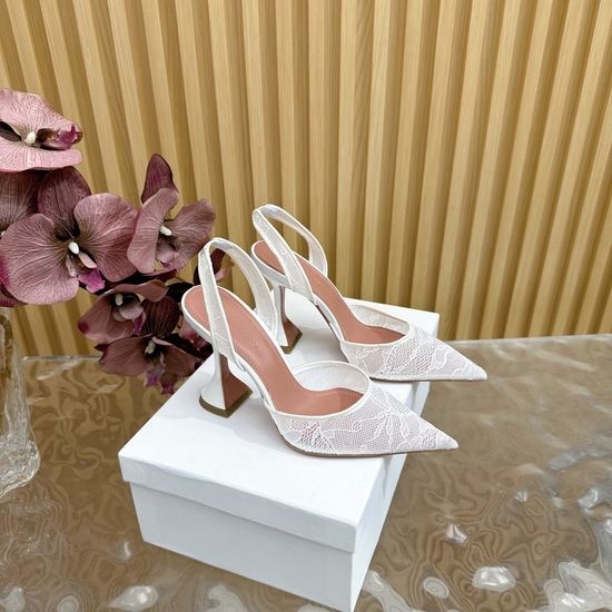 Amina Muaddi Lace Upper Cinderella Heel Sheepskin Lining Leather Sole