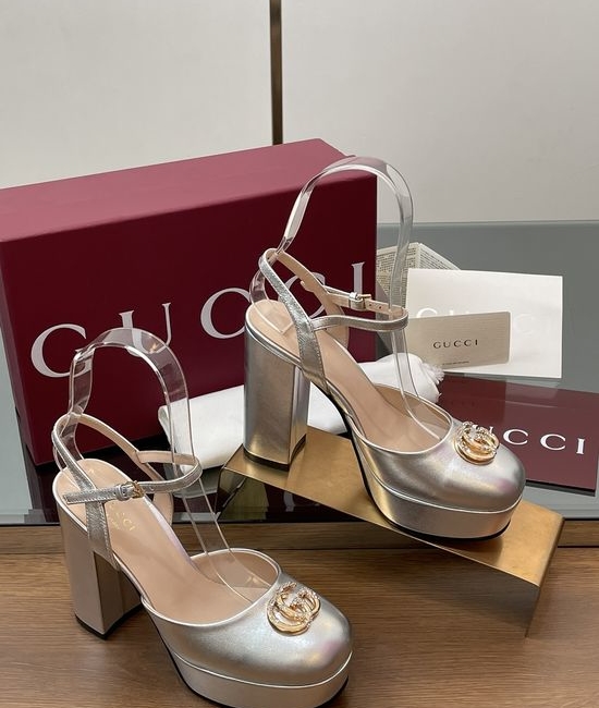 Gucci Metallic Leather Platform High Heel Sandals with Diamond Buckle