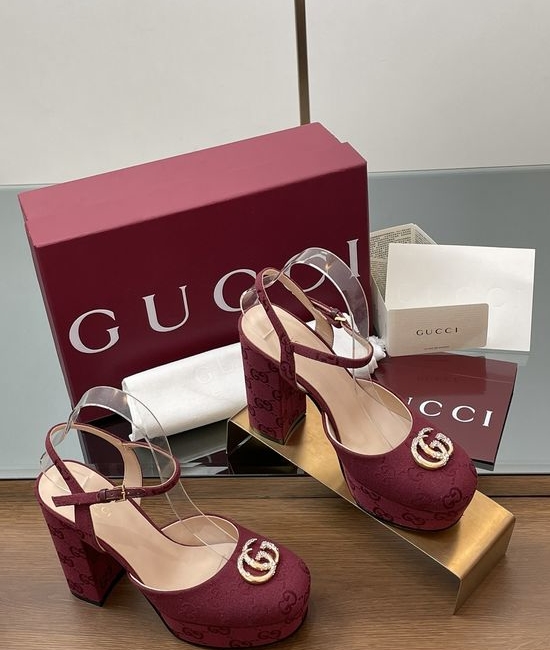 Gucci Embroidered Platform High Heel Sandals with Diamond Buckle