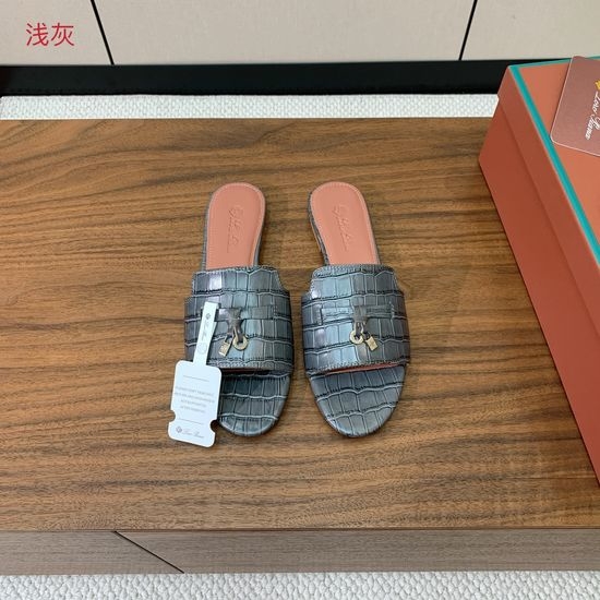 Loro Piana Ostrich Embossed Leather Flat Slide Sandals
