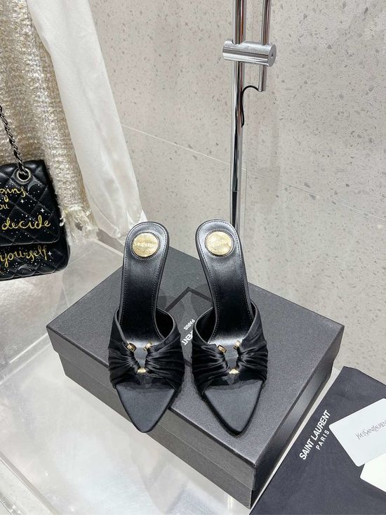 Yves Saint Laurent Chic Pointed Toe Rhinestone Comfortable Mid Heel Slide Sandals