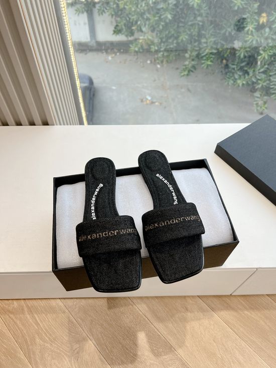 Alexander Wang Leather And Denim Flat Sandals Slip On
