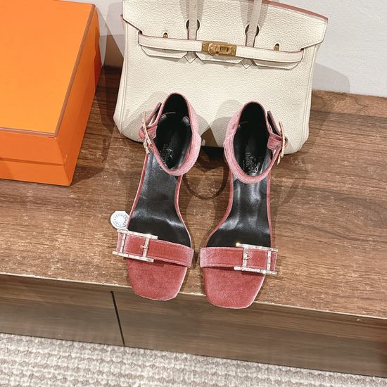 Hermes Elegant Buckle Decor Heeled Sandals Premium Leather Fashion Shoes