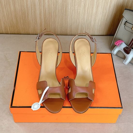 Hermes Classic Metal Decor Leather High Heel Slide Sandals