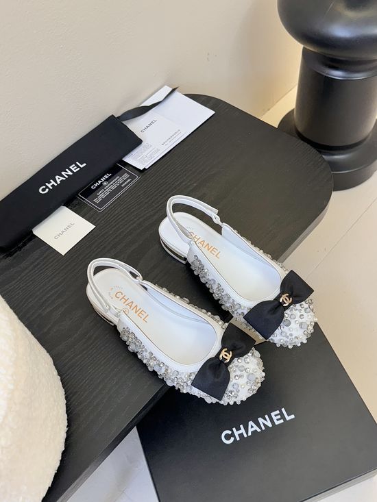 Chanel Lace Mesh Rhinestone Low Heel Elegant Sandals