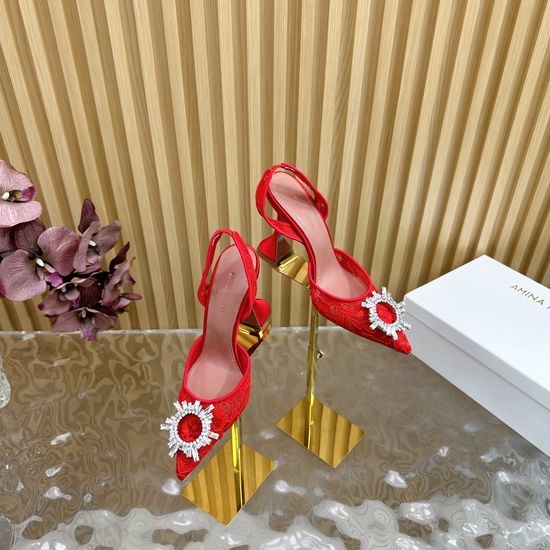 Amina Muaddi Lace Upper Cinderella Heel Sheepskin Lining Leather Sole
