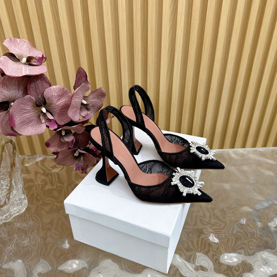 Amina Muaddi Lace Upper Cinderella Heel Sheepskin Lining Leather Sole