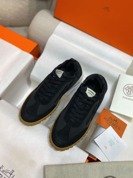 Hermes Woven Suede Sneakers Contrast Details Rubber Sole