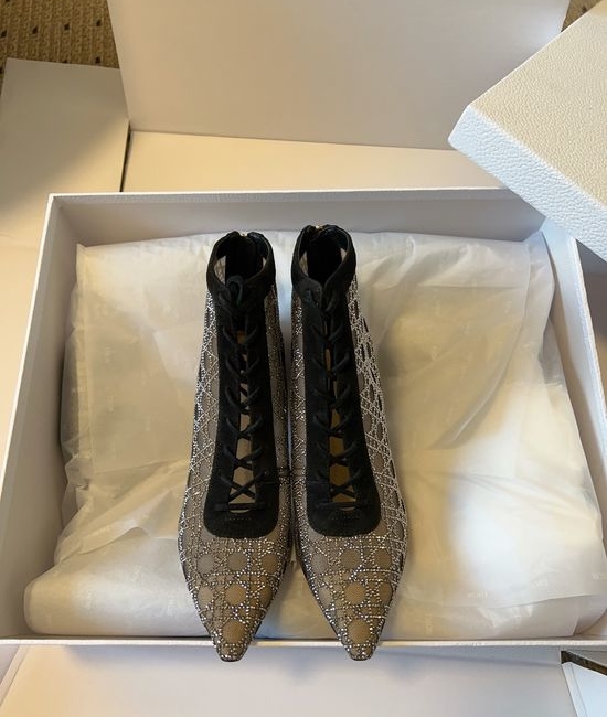Christian Dior CD Rhinestone Decor Mesh High Heel Boots Sheepskin Lined