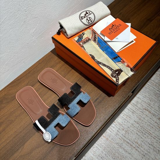 Hermes Classic Leather Slides Denim Color Comfortable For All Occasions