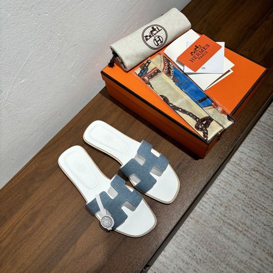 Hermes Classic Denim White Sole Slide Sandals Comfort Daily Wear