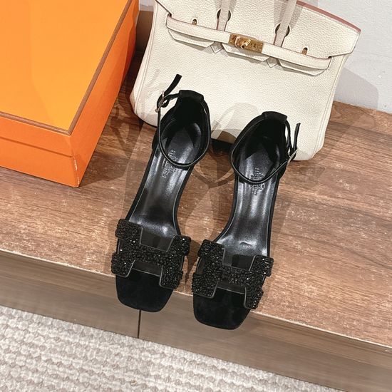 Hermes Rhinestone Decor Leather High Heel Sandals