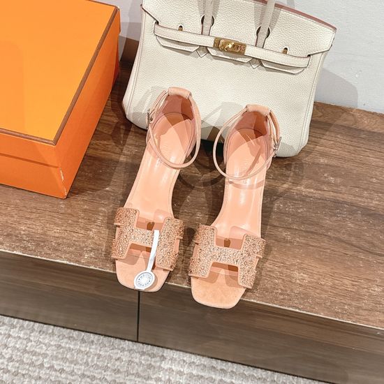 Hermes Rhinestone Decor Leather High Heel Sandals
