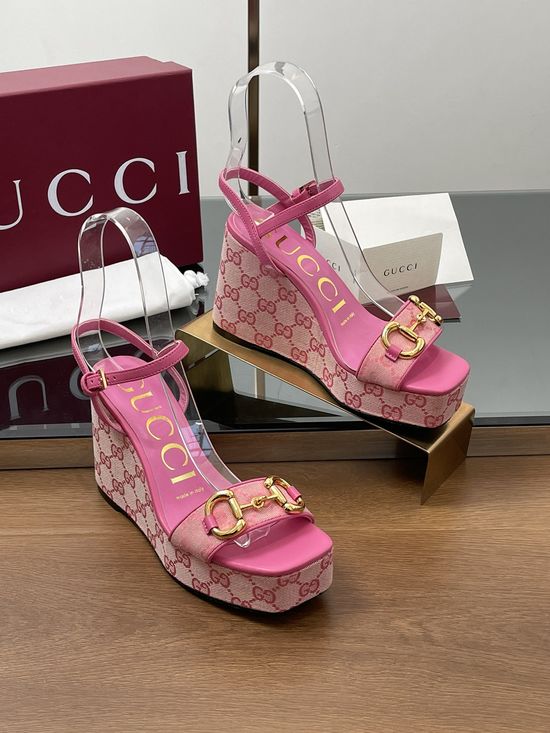 Gucci Square Toe Horsebit Platform Wedge Sandals Premium Sole