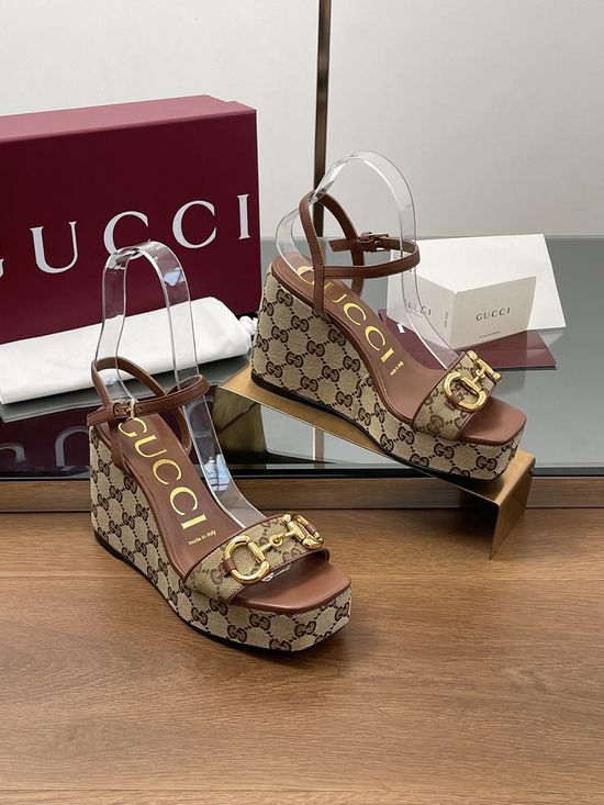 Gucci Square Toe Horsebit Platform Wedge Sandals Premium Sole