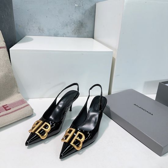Balenciaga Patent Leather Pointed Toe Buckle Decor Heeled Sandals