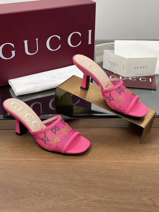 Gucci Rhinestone Decorated Kitten Heel Elegant Fashion Sandals
