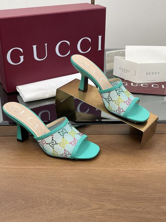 Gucci Rhinestone Decorated Kitten Heel Elegant Fashion Sandals