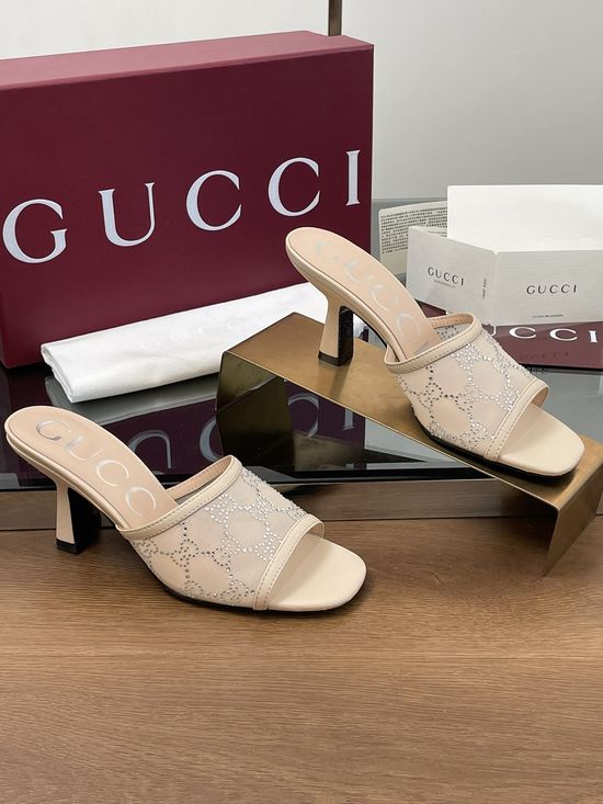 Gucci Rhinestone Decorated Kitten Heel Elegant Fashion Sandals