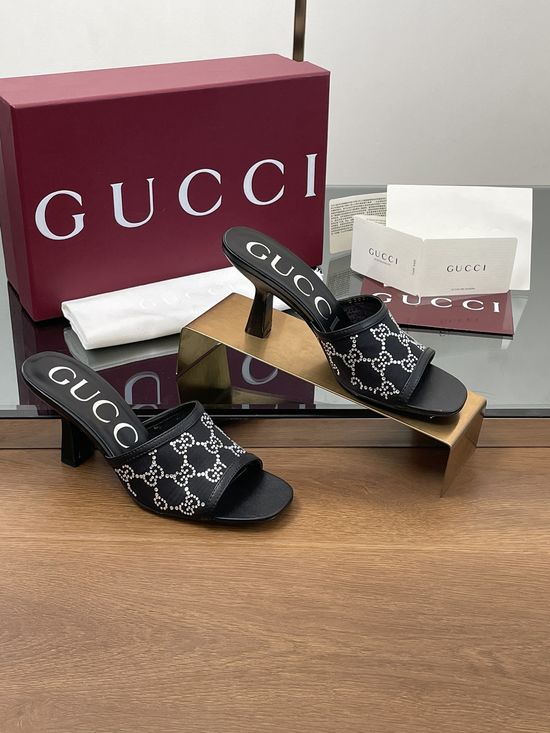 Gucci Rhinestone Decorated Kitten Heel Elegant Fashion Sandals