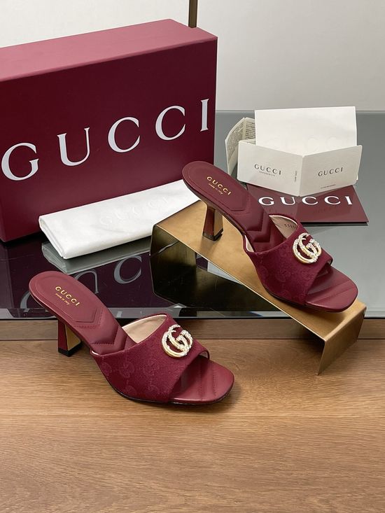 Gucci Canvas Leather Rhinestone Buckle Square Toe Slides