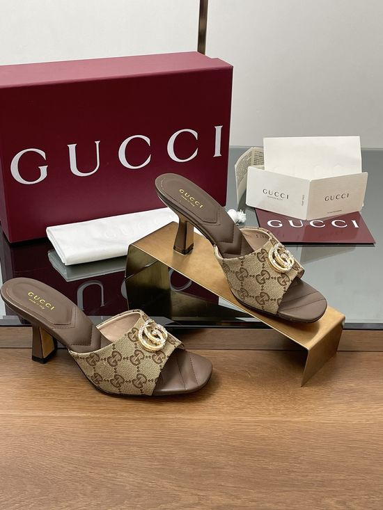 Gucci Rhinestone Buckle Open Toe Chunky Heel Slides