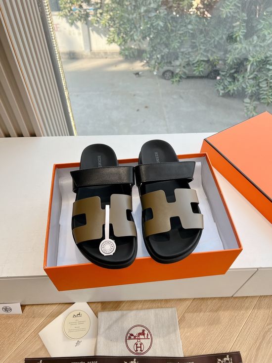 Hermes Genuine Leather Casual Open Toe Slide Sandals
