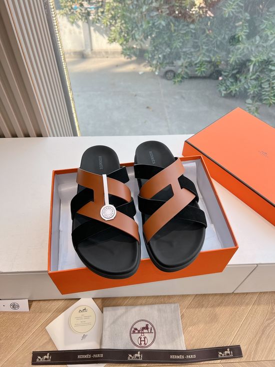 Hermes Genuine Leather Casual Open Toe Slide Sandals