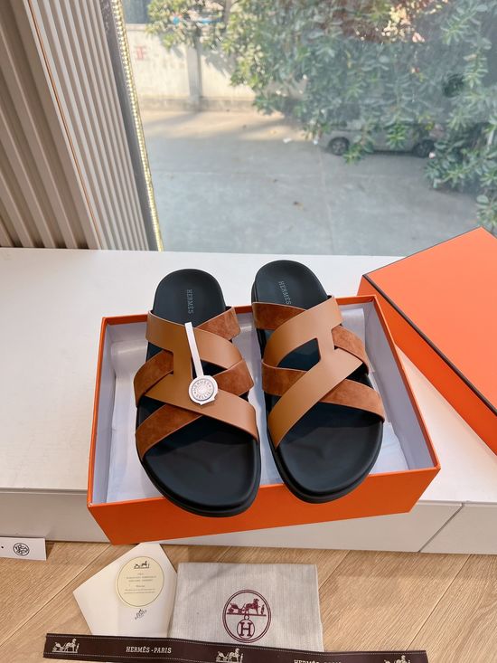 Hermes Genuine Leather Casual Open Toe Slide Sandals