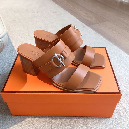 Hermes Low Heel Colorblock Leather Slippers Metal Buckle