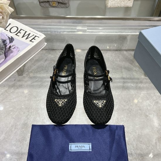 Prada Mesh Mary Jane Flats with Gold Buckle