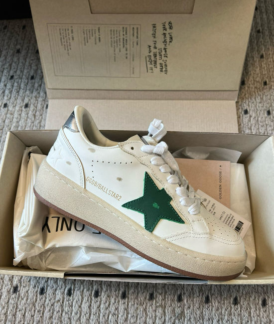 Golden Goose GGDB Silver Tail Green Star Distressed Platform Leather Sneakers