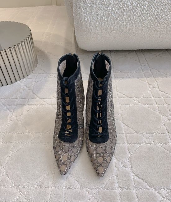 Christian Dior CD Rhinestone Mesh High Heel Ankle Boots with Leather Sole